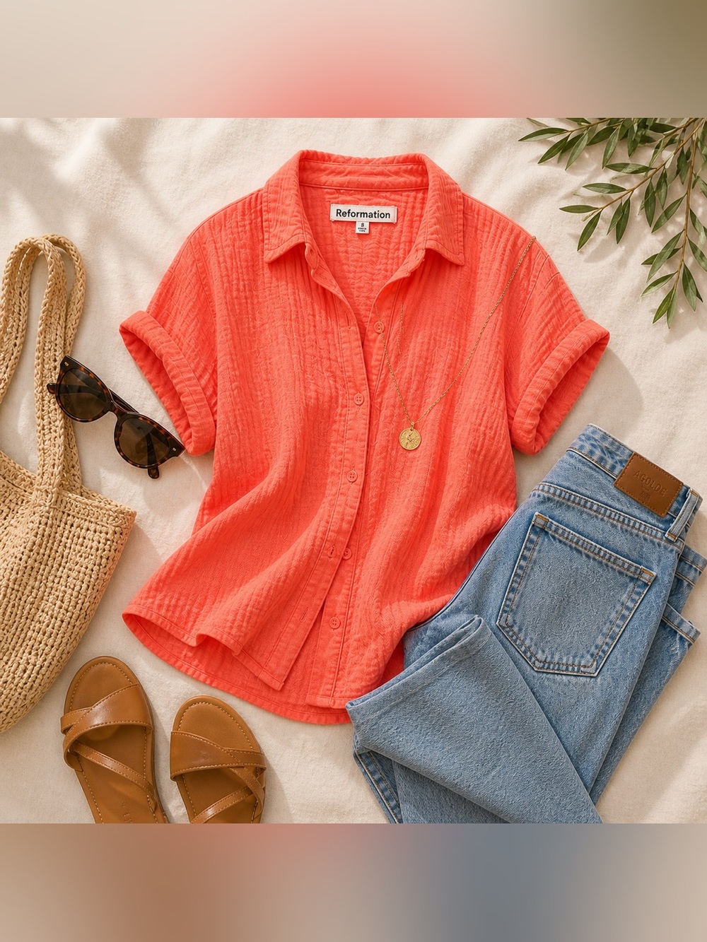 Reformation Coral Gauze Button Down Shirt Relaxed Fit Size 8 Summer Linen Style - Picture 3 of 10